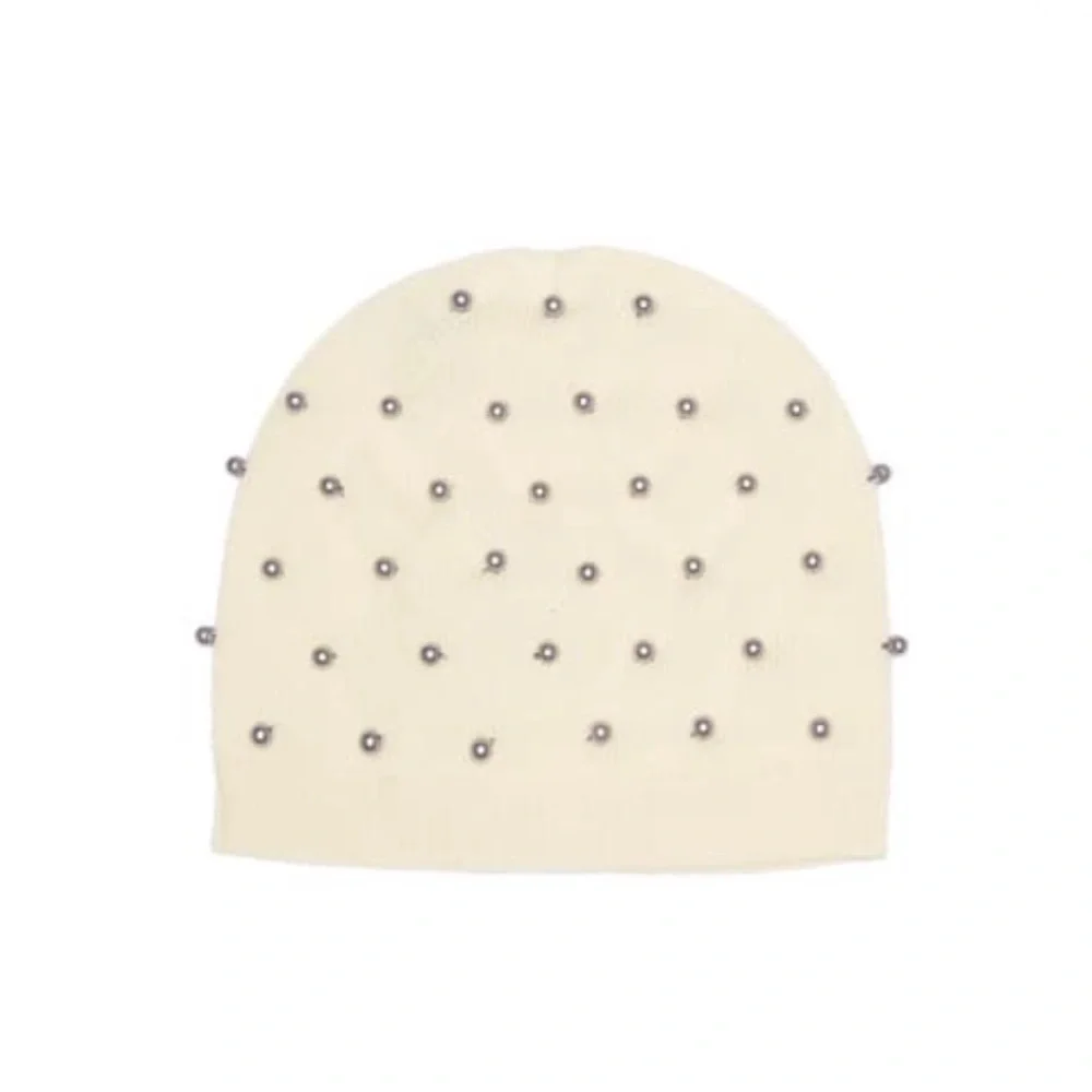 Quinn Cream Grey Pearl Trim Cashmere Beanie